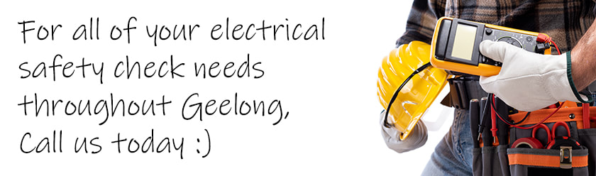 Electrician holding equipment with a white background and with text regarding electrical safety checks
