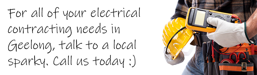 Electrician holding equipment with a white background and with text regarding electrical contracting services