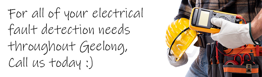 Electrician holding equipment with a white background and with text regarding electrical fault detection services
