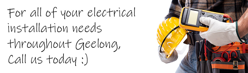 Electrician holding equipment with a white background and with text regarding electrical installation services