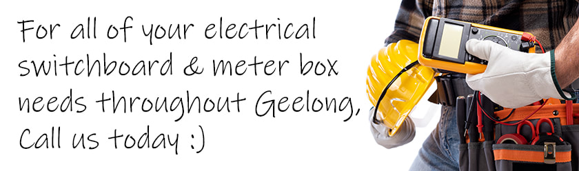 Electrician holding equipment with a white background and with text regarding electrical switchboard and meterbox services