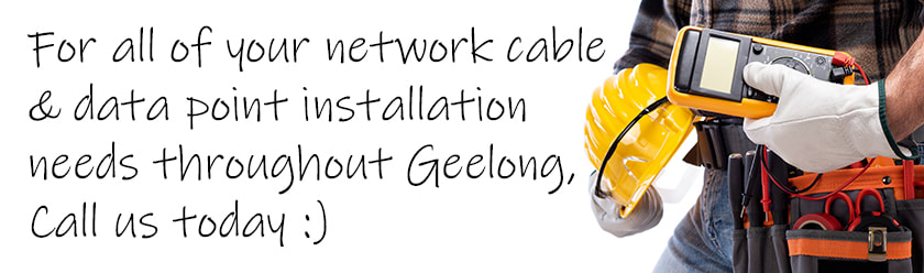 Electrician holding equipment with a white background and with text regarding network cabling and data point installations