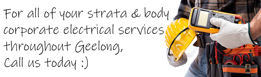 Electrician holding equipment with a white background and with text regarding strata and body corporate electrical services